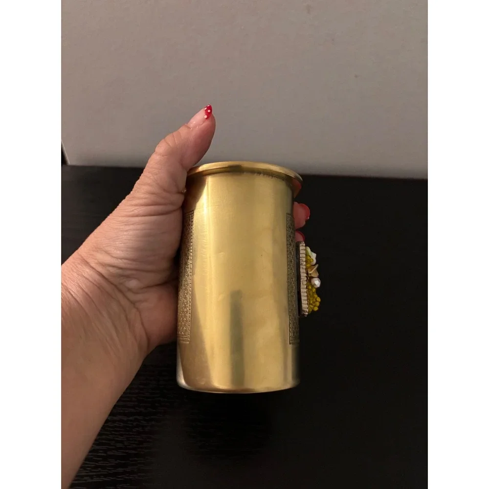The Bombay Company Vintage Brass Jeweled Etched Cylinder Vase Pencil Pen‎ Holder